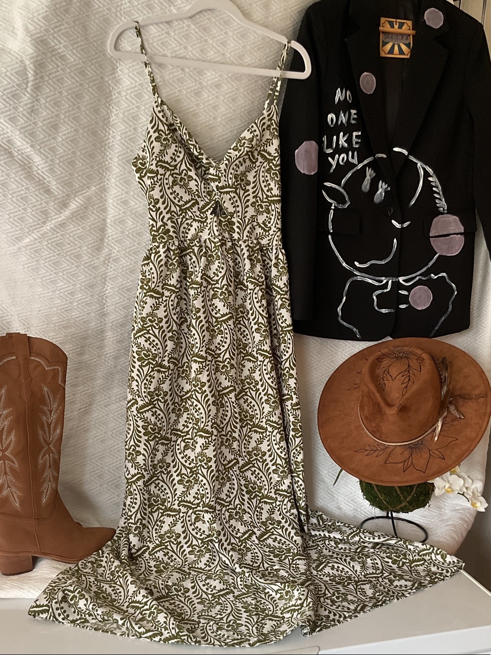 Relaxed V-Neck Maxi Dress in Olive & White Botanical Print